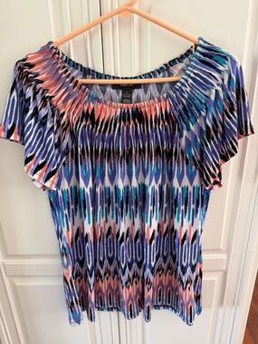 Style & Co. Coral and Blue Ikat Pleated Blouse